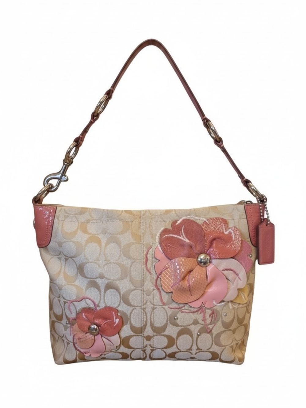 vintage Y2K-era Coach Bleecker Signature Coach Pink Floral Applique Shoulder Bag
